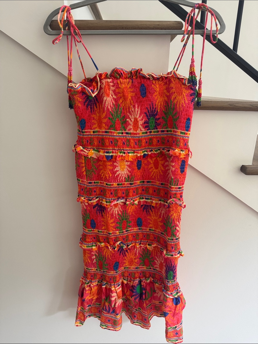 FARM Rio Red-Orange Smocked Sundress with Tassel Straps